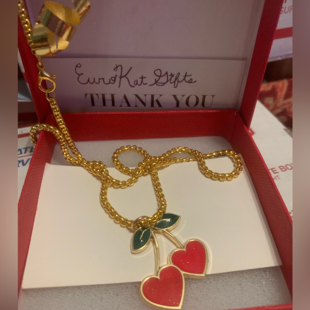 Betsey Johnson Gold Cherry Necklace with adjustable chain lobster clasp NEW NWT - Picture 7 of 8